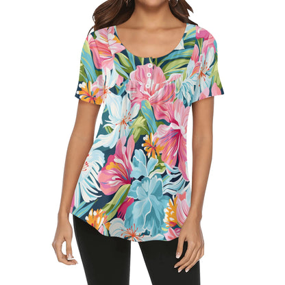 Close-Up Tropical Prints - Womens Scoop Neck Short Sleeve Loose Blouse - Plus Sizes Available