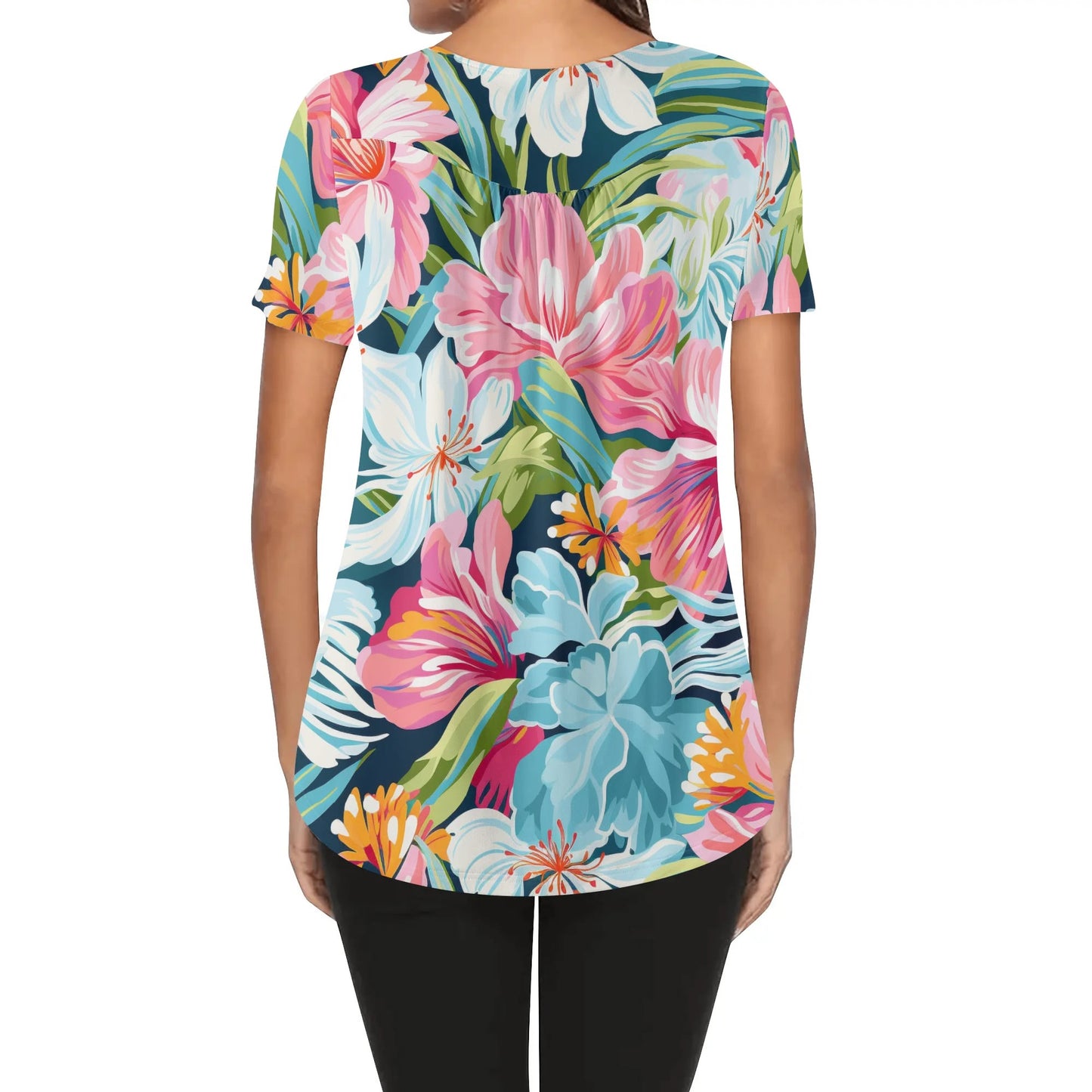 Close-Up Tropical Prints - Womens Scoop Neck Short Sleeve Loose Blouse - Plus Sizes Available