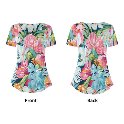 Close-Up Tropical Prints - Womens Scoop Neck Short Sleeve Loose Blouse - Plus Sizes Available