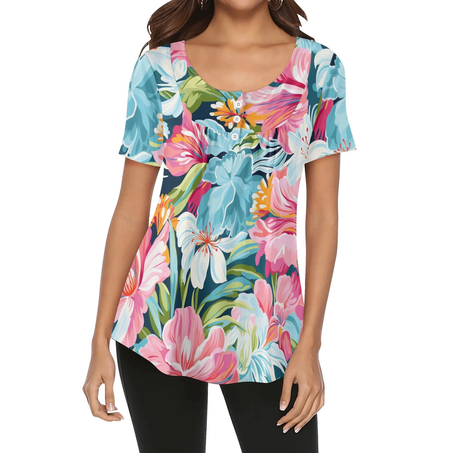 Close-Up Tropical Prints - Womens Scoop Neck Short Sleeve Loose Blouse - Plus Sizes Available