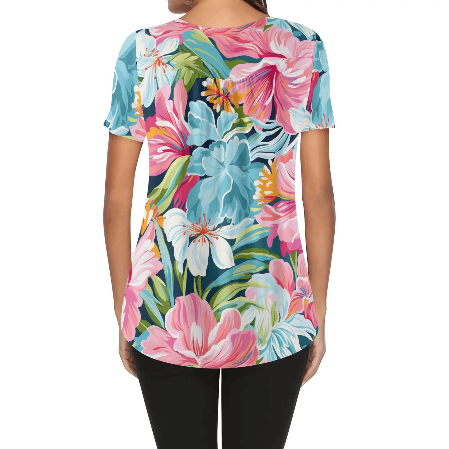 Close-Up Tropical Prints - Womens Scoop Neck Short Sleeve Loose Blouse - Plus Sizes Available