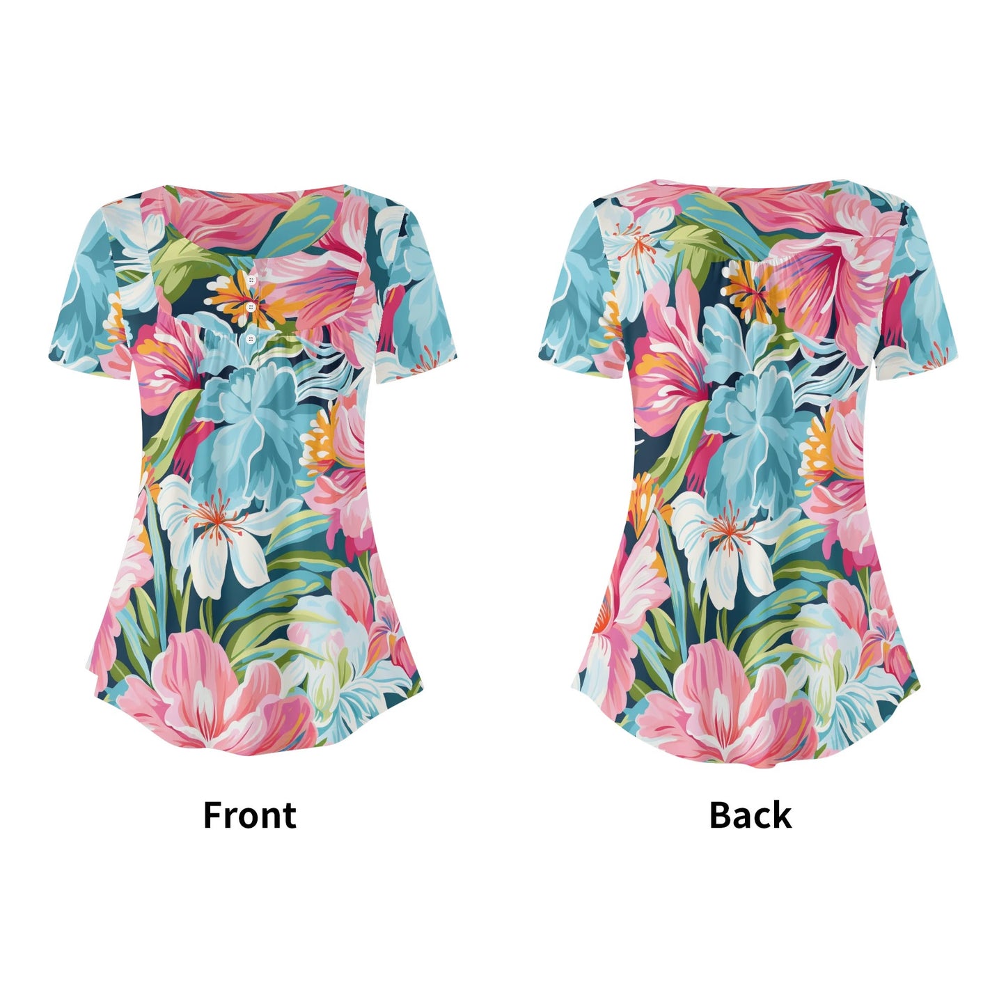 Close-Up Tropical Prints - Womens Scoop Neck Short Sleeve Loose Blouse - Plus Sizes Available