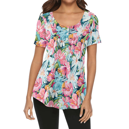 Womens Tropical Prints Scoop Neck Short Sleeve Loose Blouse - Plus Sizes Available