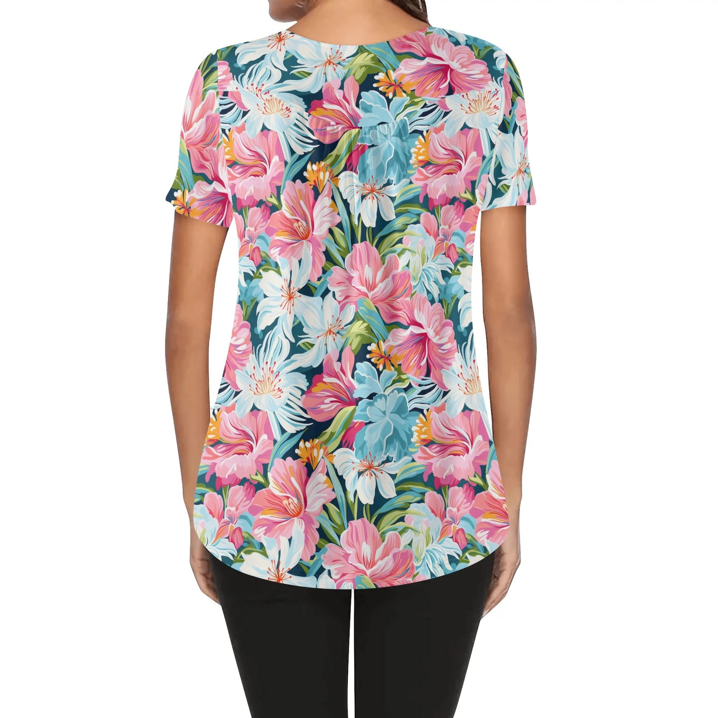 Womens Tropical Prints Scoop Neck Short Sleeve Loose Blouse - Plus Sizes Available