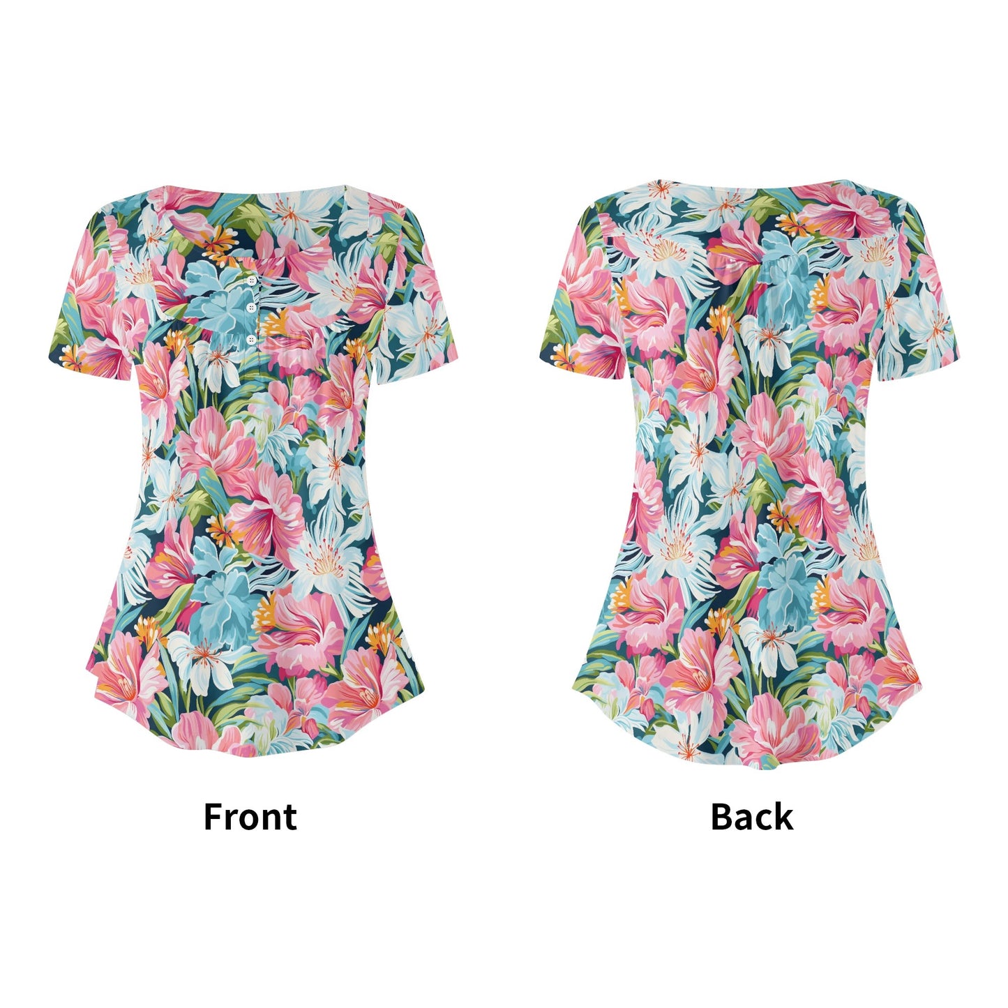 Womens Tropical Prints Scoop Neck Short Sleeve Loose Blouse - Plus Sizes Available