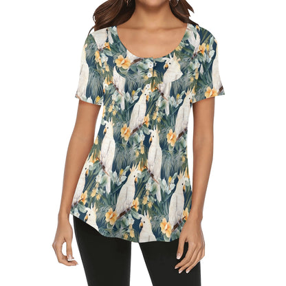 Womens Tropical Prints Scoop Neck Short Sleeve Loose Blouse - Plus Sizes Available