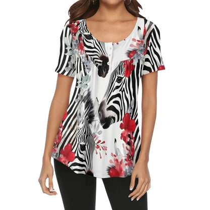 Close-Up Tropical Prints - Womens Scoop Neck Short Sleeve Loose Blouse - Plus Sizes Available