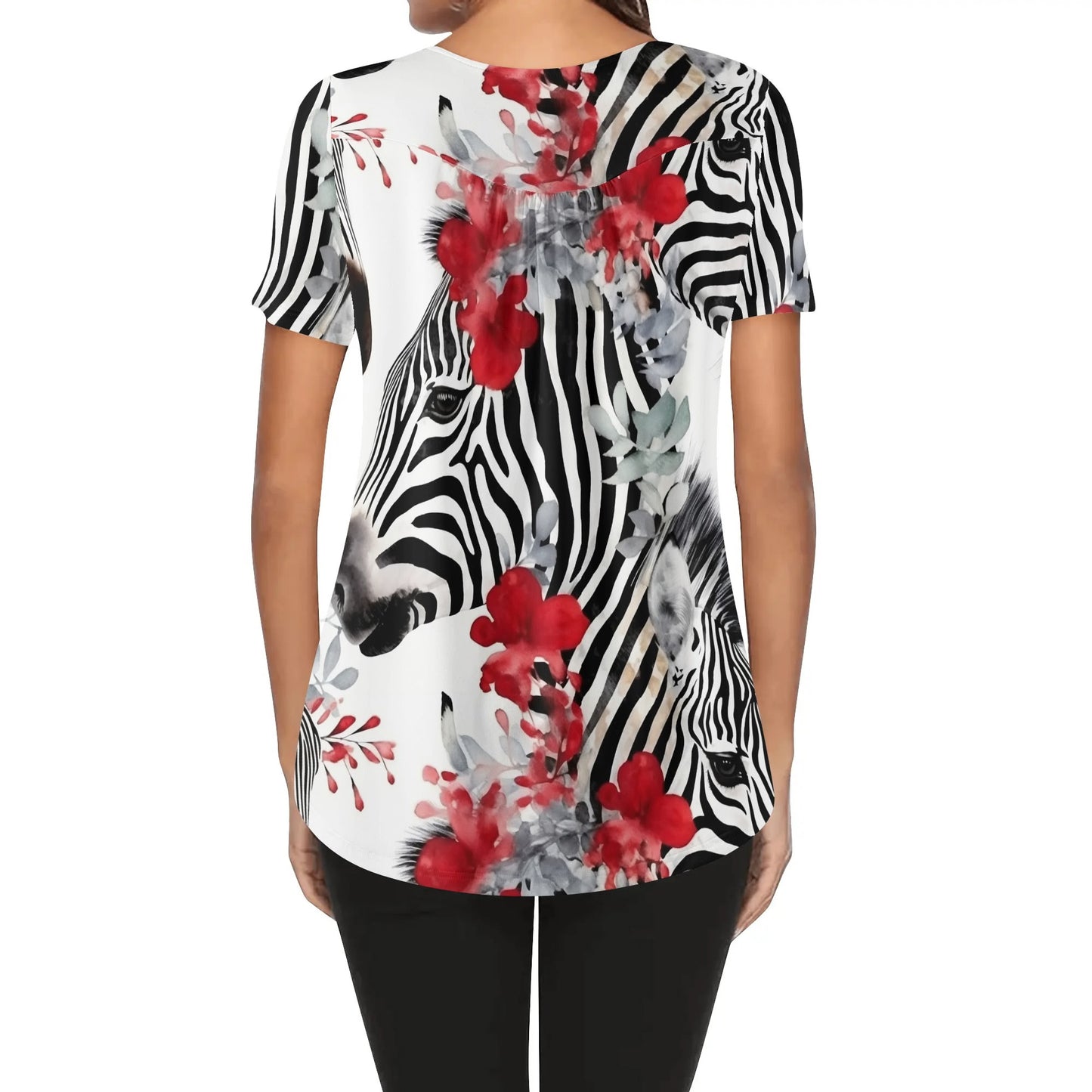 Close-Up Tropical Prints - Womens Scoop Neck Short Sleeve Loose Blouse - Plus Sizes Available