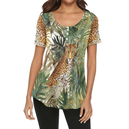 Close-Up Tropical Prints - Womens Scoop Neck Short Sleeve Loose Blouse - Plus Sizes Available