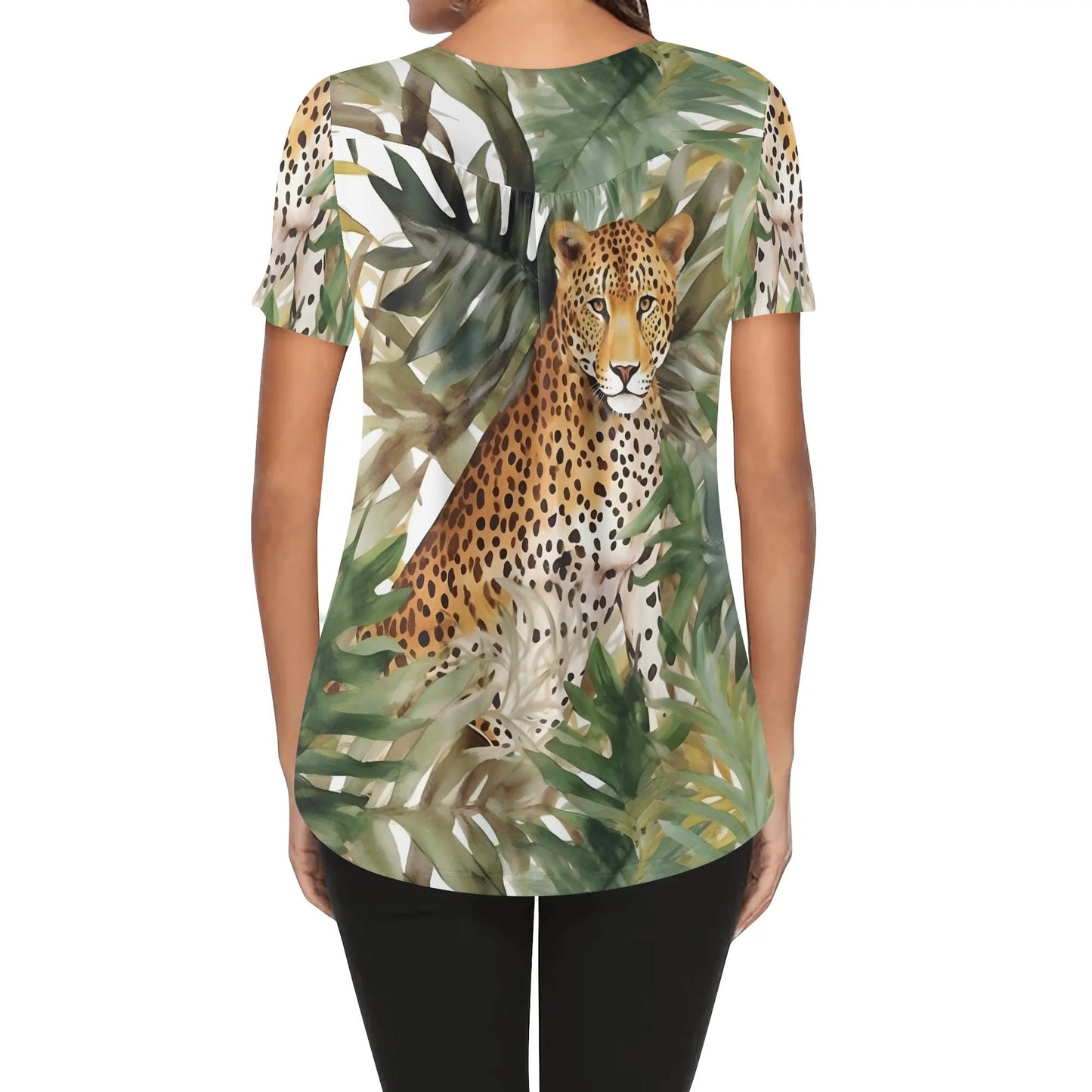 Close-Up Tropical Prints - Womens Scoop Neck Short Sleeve Loose Blouse - Plus Sizes Available