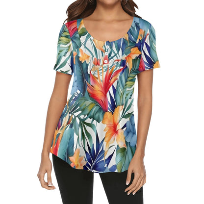 Close-Up Tropical Prints - Womens Scoop Neck Short Sleeve Loose Blouse - Plus Sizes Available