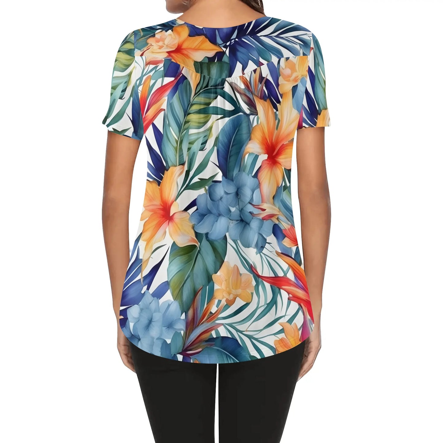 Close-Up Tropical Prints - Womens Scoop Neck Short Sleeve Loose Blouse - Plus Sizes Available