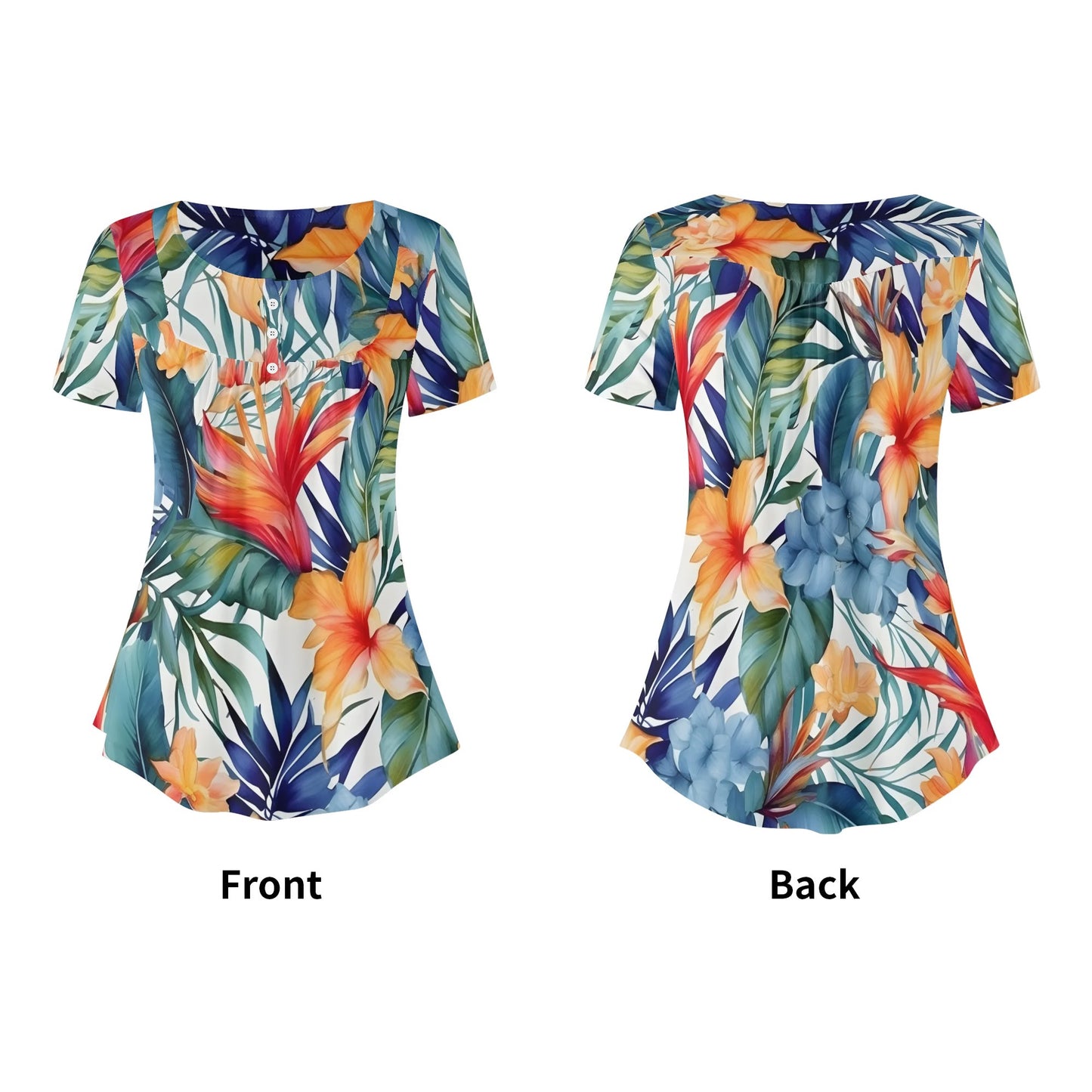 Close-Up Tropical Prints - Womens Scoop Neck Short Sleeve Loose Blouse - Plus Sizes Available