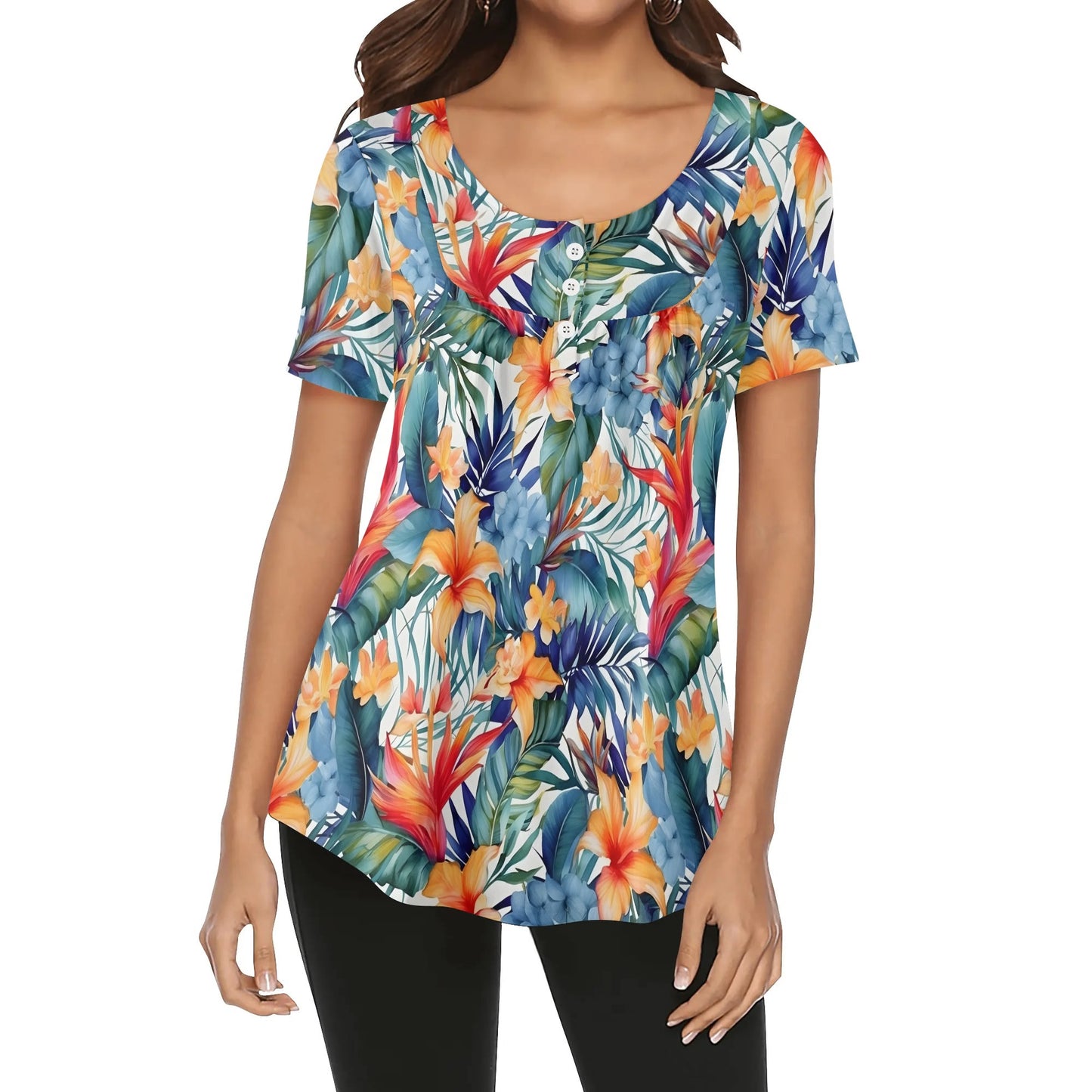 Womens Tropical Prints Scoop Neck Short Sleeve Loose Blouse - Plus Sizes Available