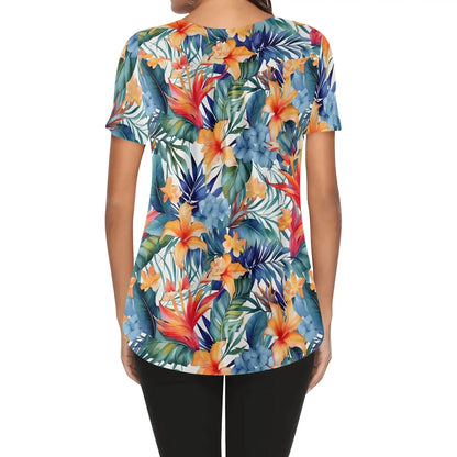 Womens Tropical Prints Scoop Neck Short Sleeve Loose Blouse - Plus Sizes Available