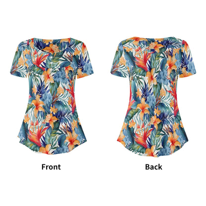 Womens Tropical Prints Scoop Neck Short Sleeve Loose Blouse - Plus Sizes Available