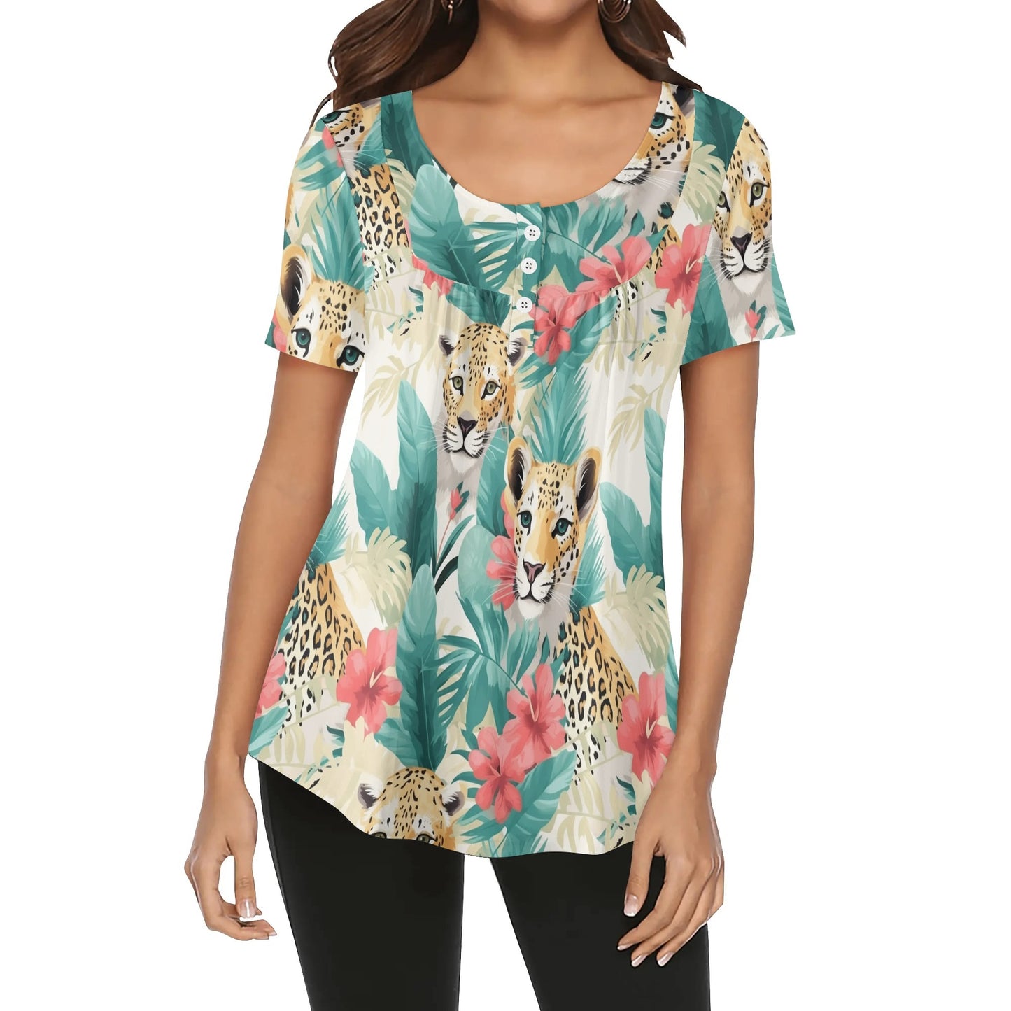 Close-Up Tropical Prints - Womens Scoop Neck Short Sleeve Loose Blouse - Plus Sizes Available