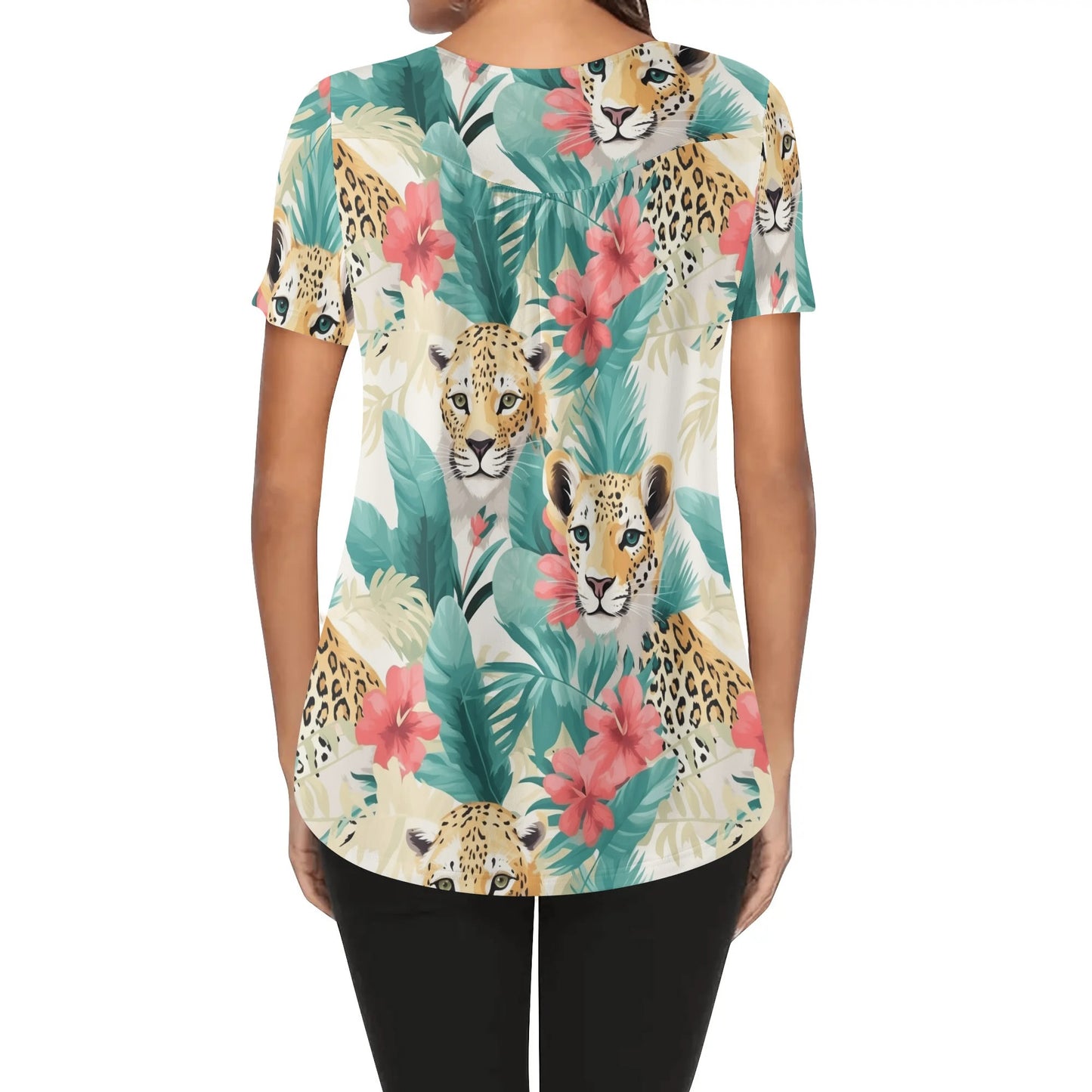 Close-Up Tropical Prints - Womens Scoop Neck Short Sleeve Loose Blouse - Plus Sizes Available