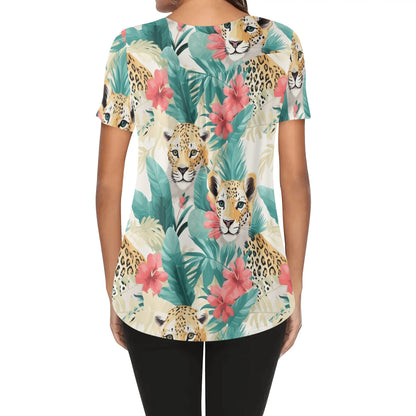 Close-Up Tropical Prints - Womens Scoop Neck Short Sleeve Loose Blouse - Plus Sizes Available