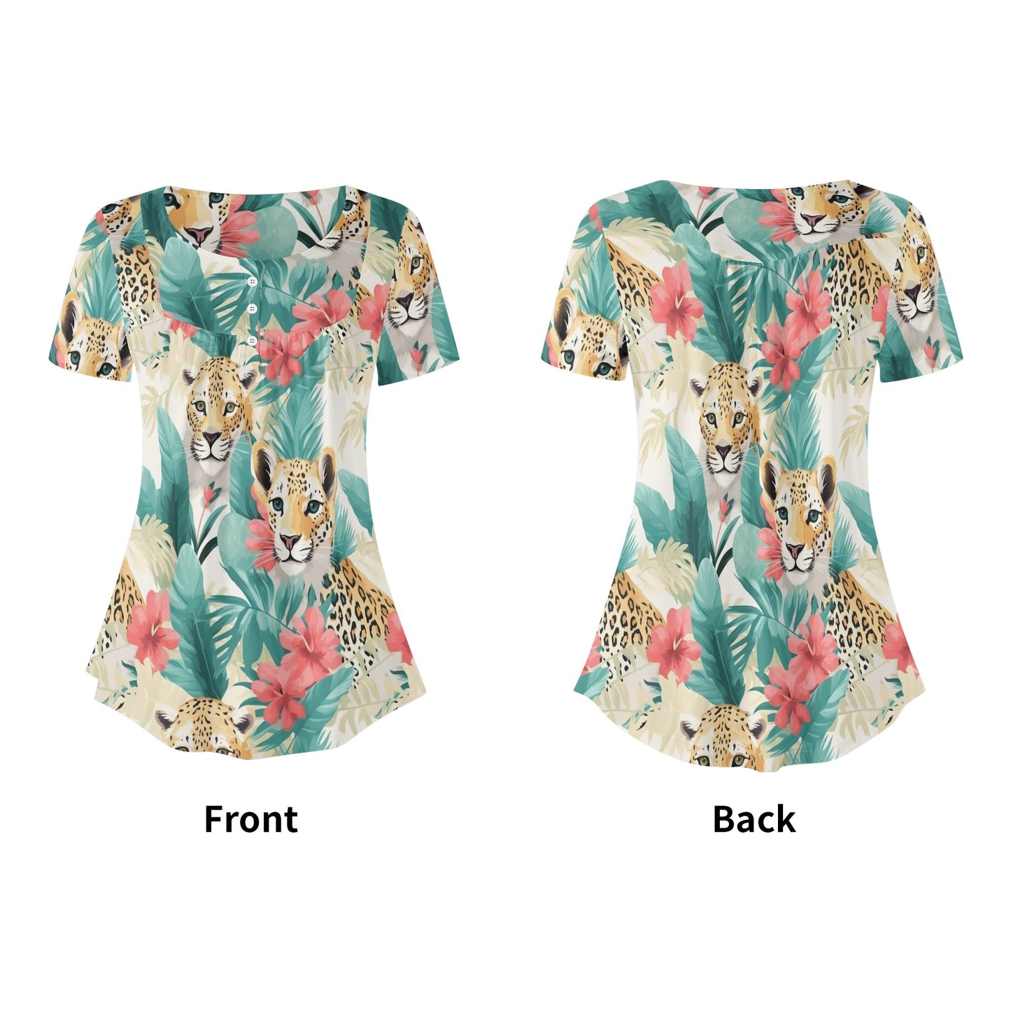 Close-Up Tropical Prints - Womens Scoop Neck Short Sleeve Loose Blouse - Plus Sizes Available