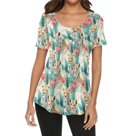 Womens Tropical Prints Scoop Neck Short Sleeve Loose Blouse - Plus Sizes Available