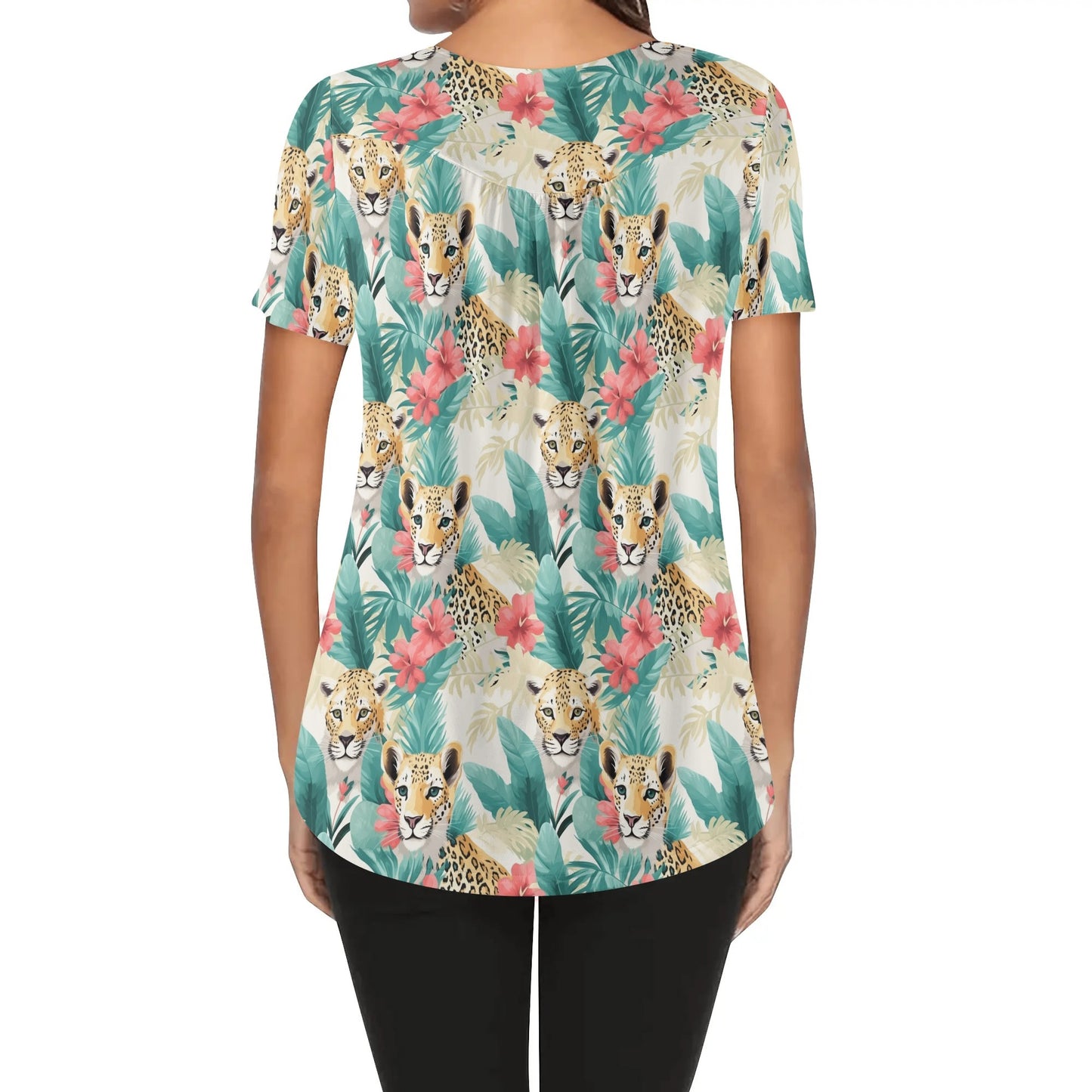 Womens Tropical Prints Scoop Neck Short Sleeve Loose Blouse - Plus Sizes Available