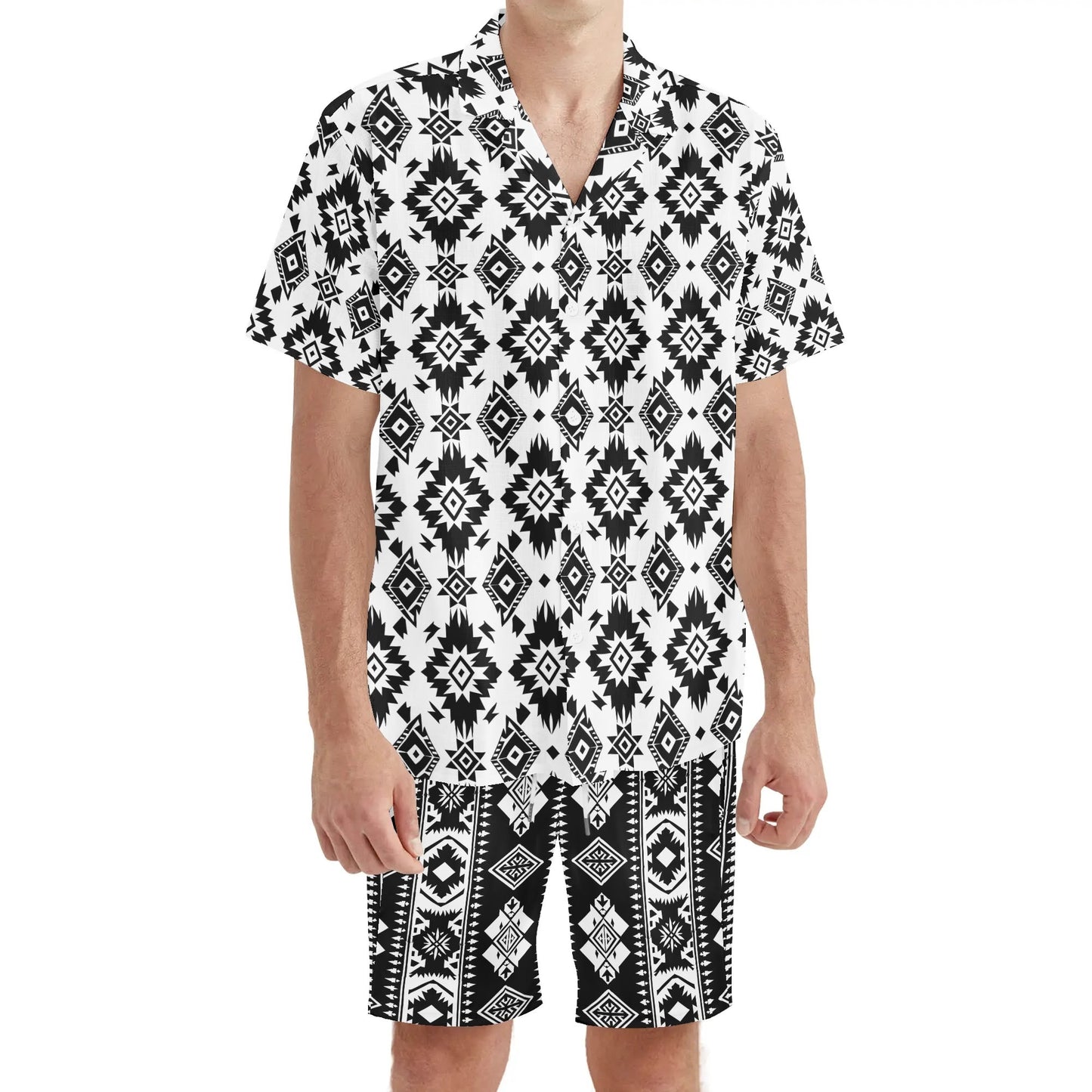 Aztec Diamond Print Mens Regular Fit Hawaiian Short Sleeve Shirt and Shorts Set