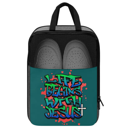 Life Begins with Jesus - Shoe Bag for Storage or Travel