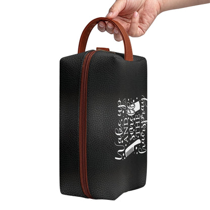 Wake Up and Smell The Hairspray in a Black Leather Look - Toiletry Bag Perfect For Hair Products