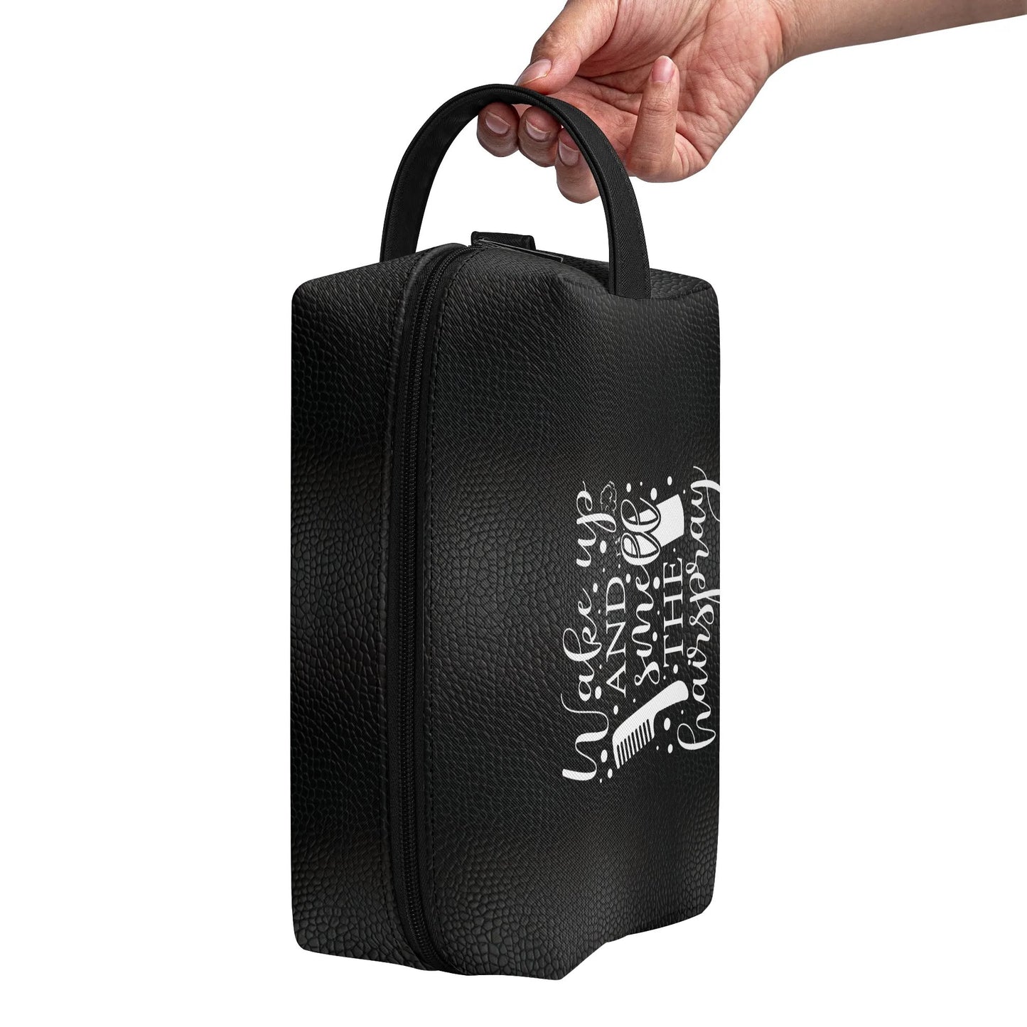 Wake Up and Smell The Hairspray in a Black Leather Look - Toiletry Bag Perfect For Hair Products