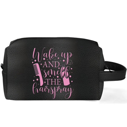 Wake Up and Smell The Hairspray in a Black Leather Look - Toiletry Bag Perfect For Hair Products