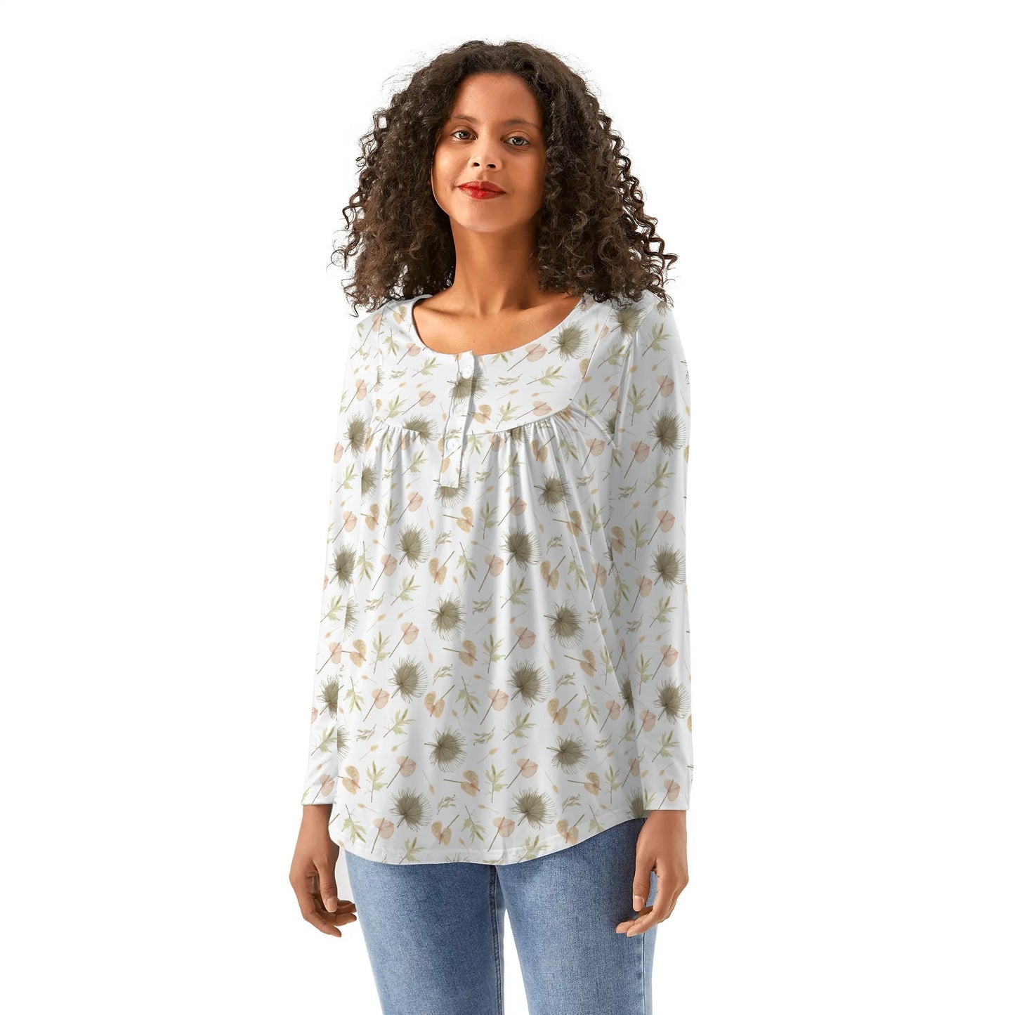 BOHO Flowers Leaves - Women's Scoop Neck Baby Doll Long Sleeved Blouse