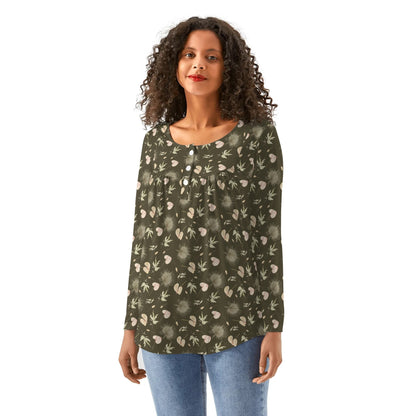 BOHO Flowers Leaves - Women's Scoop Neck Baby Doll Long Sleeved Blouse