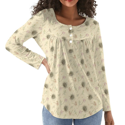 BOHO Flowers Leaves - Women's Scoop Neck Baby Doll Long Sleeved Blouse