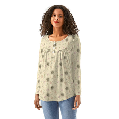 BOHO Flowers Leaves - Women's Scoop Neck Baby Doll Long Sleeved Blouse