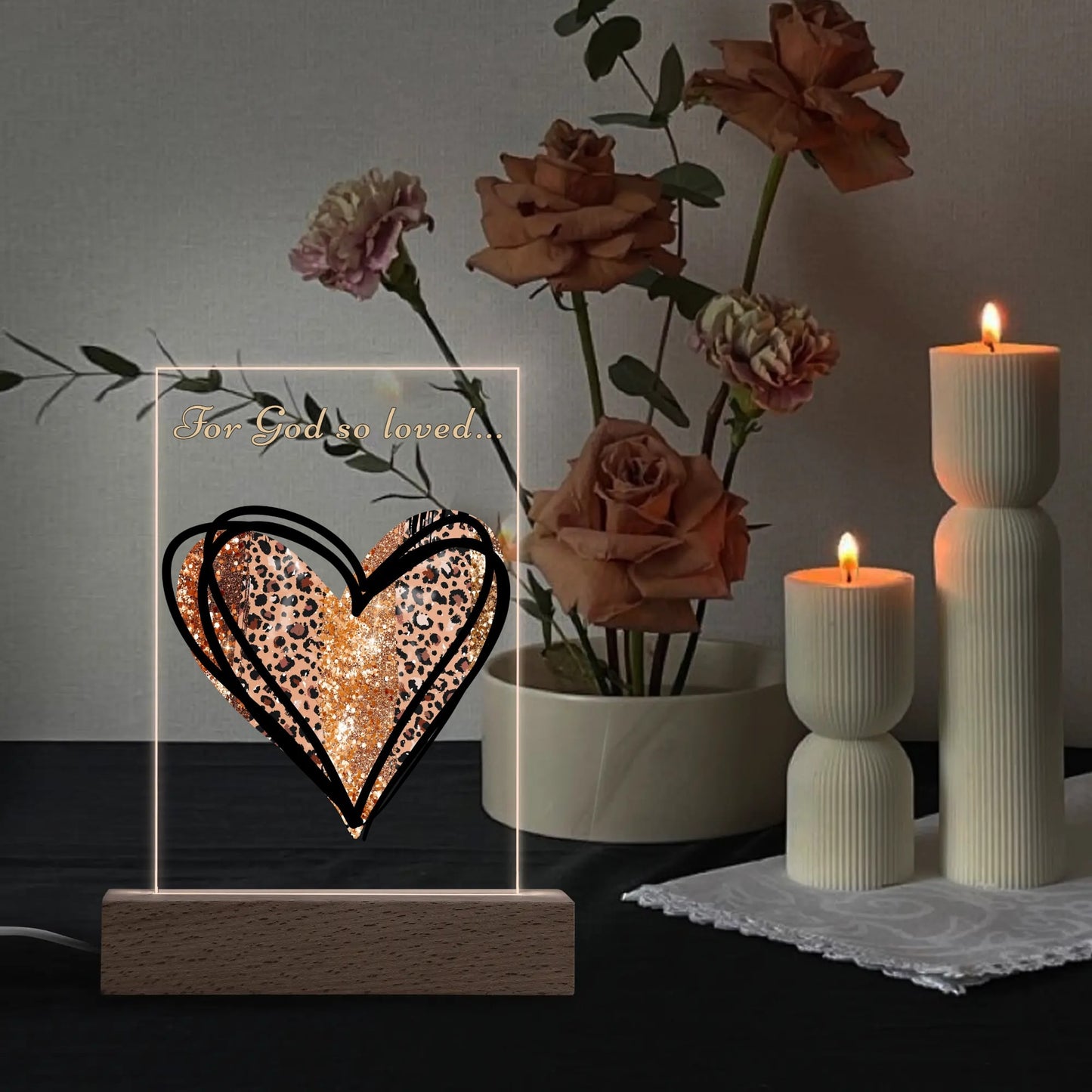 For God So Loved - Rectangular LED Acrylic Night Light with Wooden Base