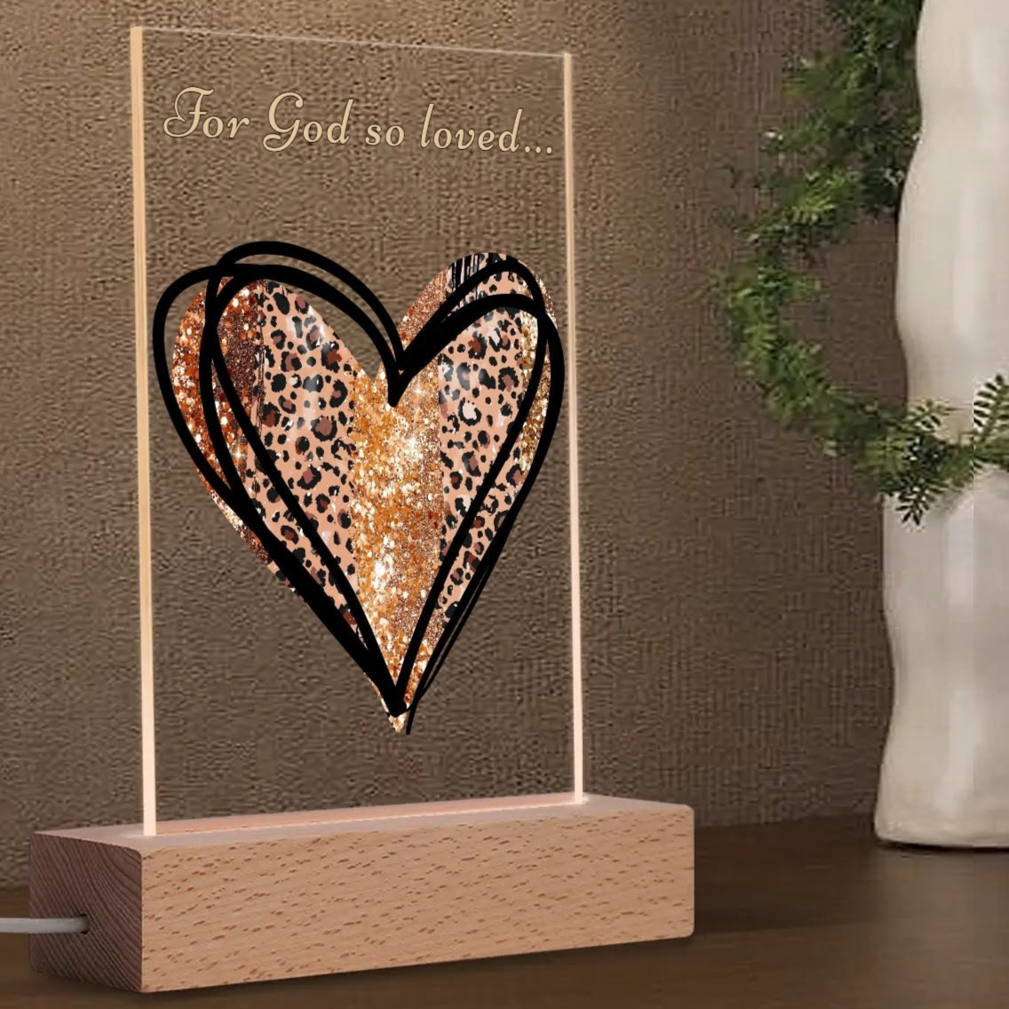 For God So Loved - Rectangular LED Acrylic Night Light with Wooden Base