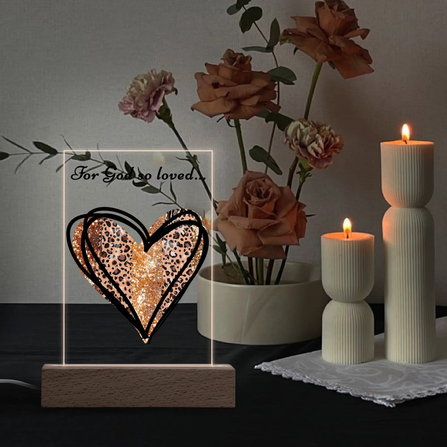 For God So Loved - Rectangular LED Acrylic Night Light with Wooden Base