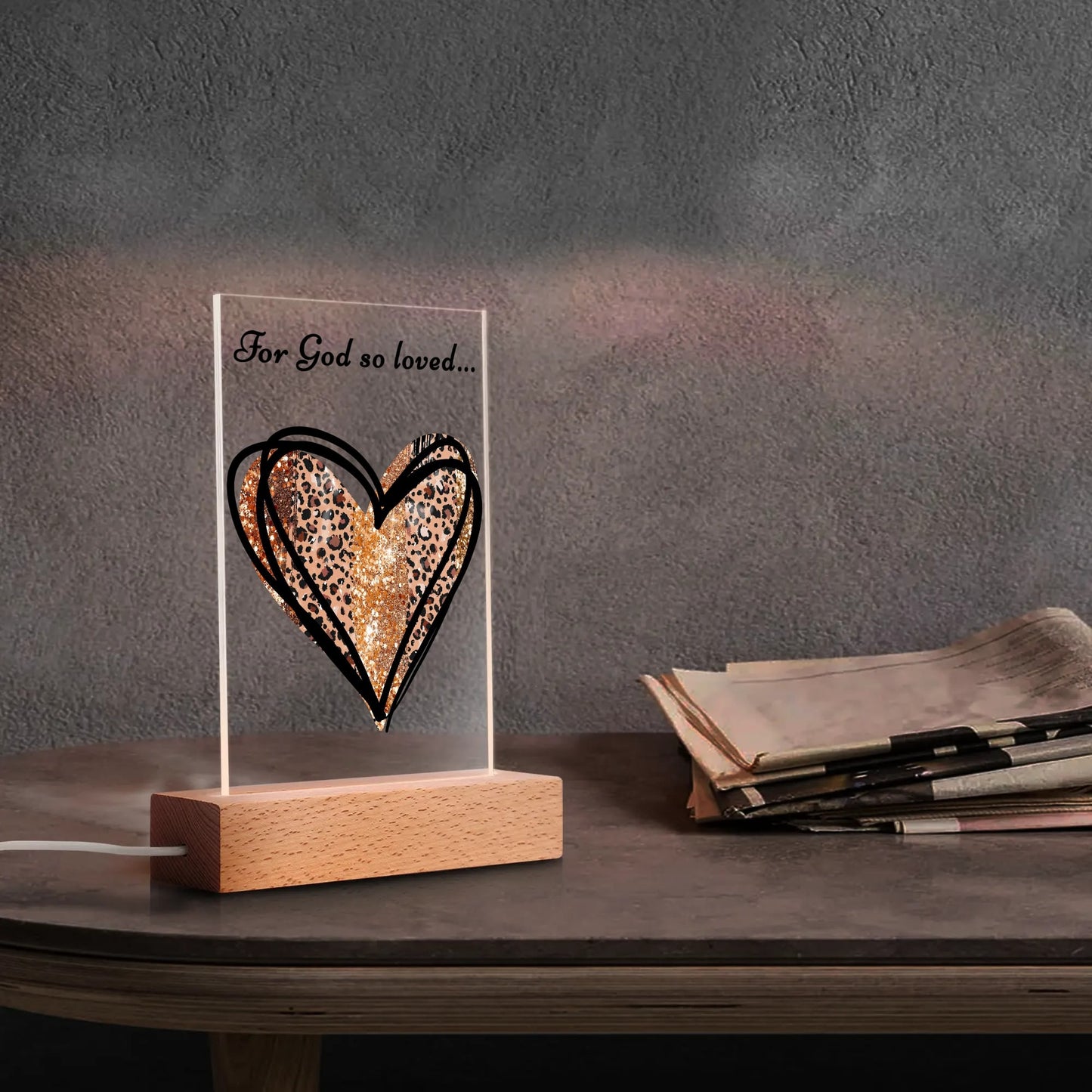 For God So Loved - Rectangular LED Acrylic Night Light with Wooden Base