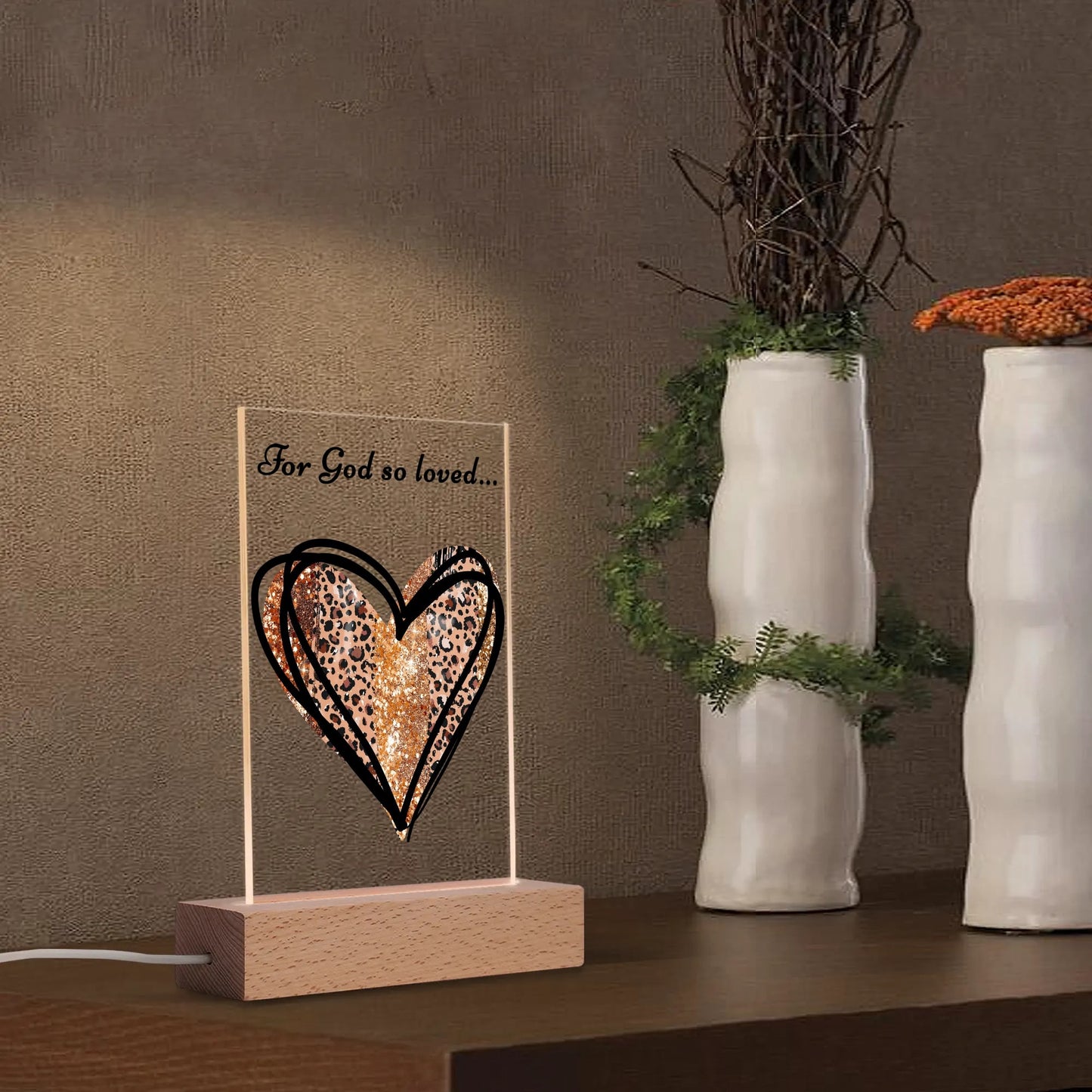 For God So Loved - Rectangular LED Acrylic Night Light with Wooden Base