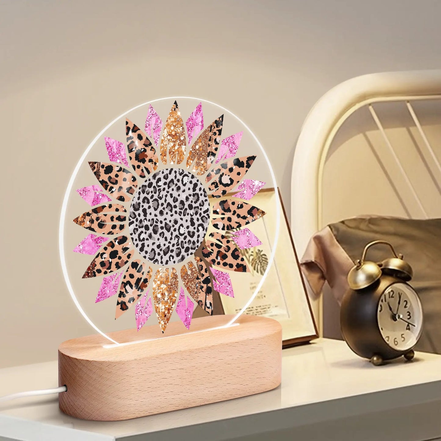 Wildflower Radiance - Round LED Acrylic Night Light with Wooden Base