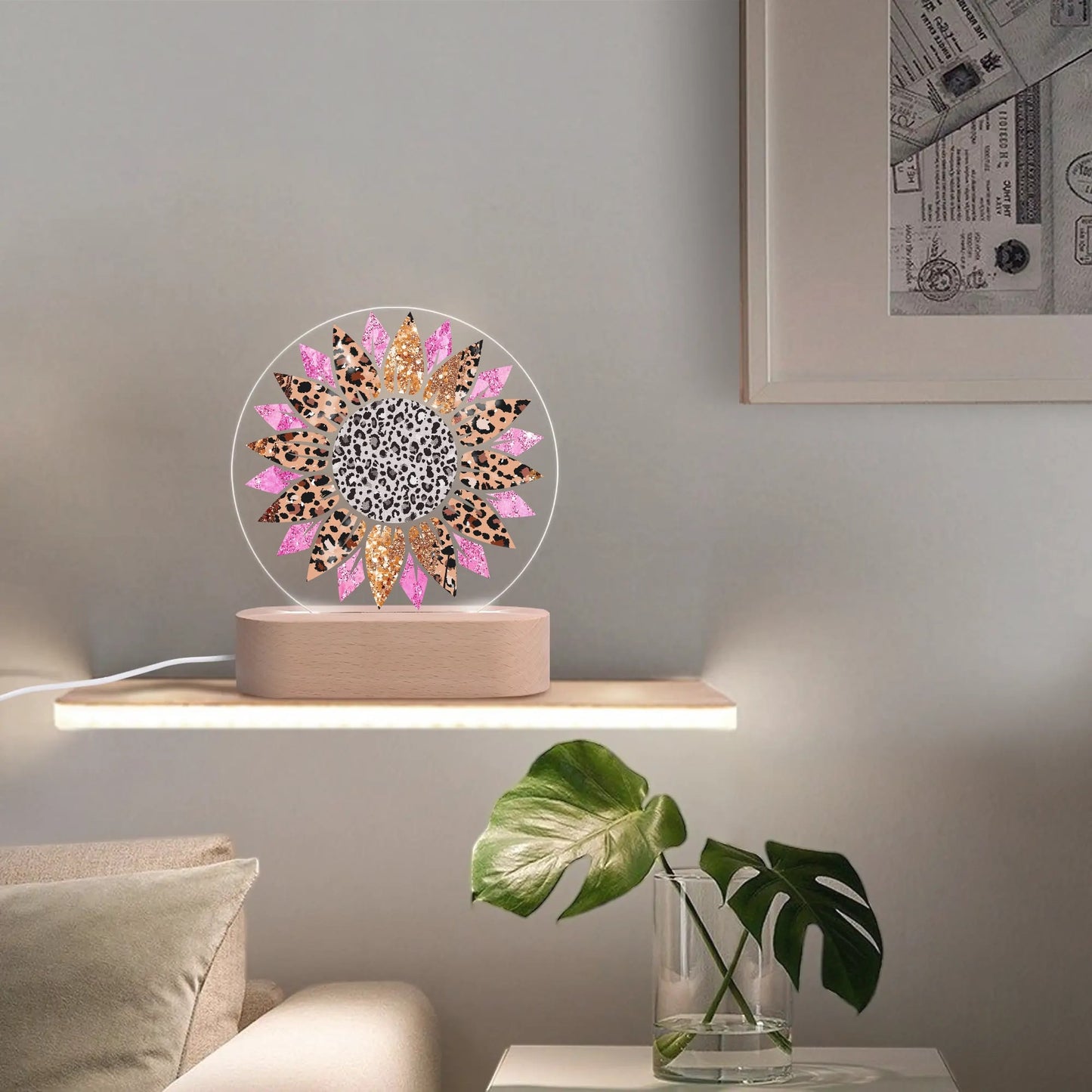 Wildflower Radiance - Round LED Acrylic Night Light with Wooden Base