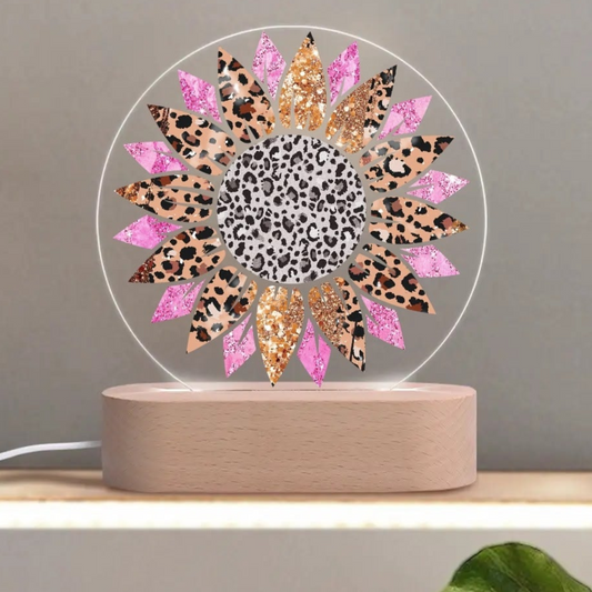 Wildflower Radiance - Round LED Acrylic Night Light with Wooden Base