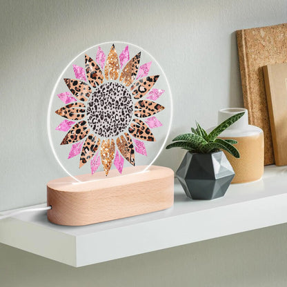 Wildflower Radiance - Round LED Acrylic Night Light with Wooden Base