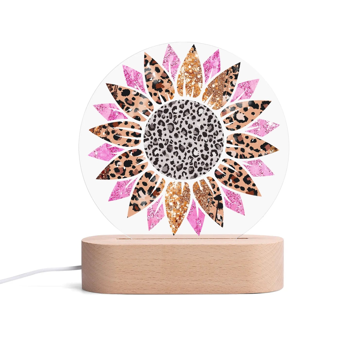 Wildflower Radiance - Round LED Acrylic Night Light with Wooden Base