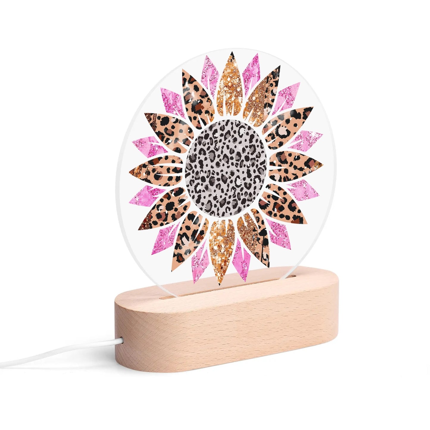 Wildflower Radiance - Round LED Acrylic Night Light with Wooden Base