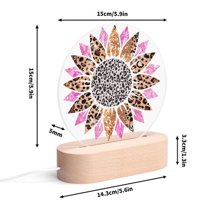 Wildflower Radiance - Round LED Acrylic Night Light with Wooden Base