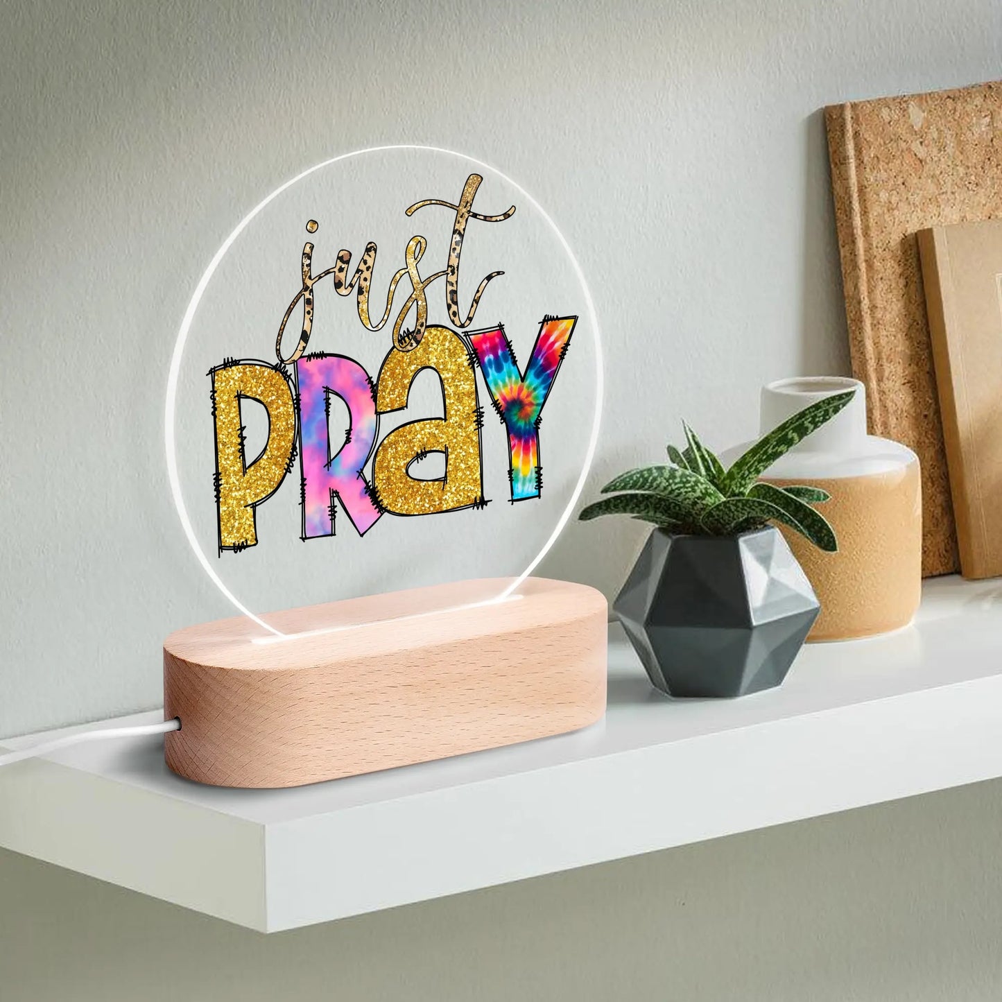 Colourful Christian - Round LED Acrylic Night Light with Wooden Base