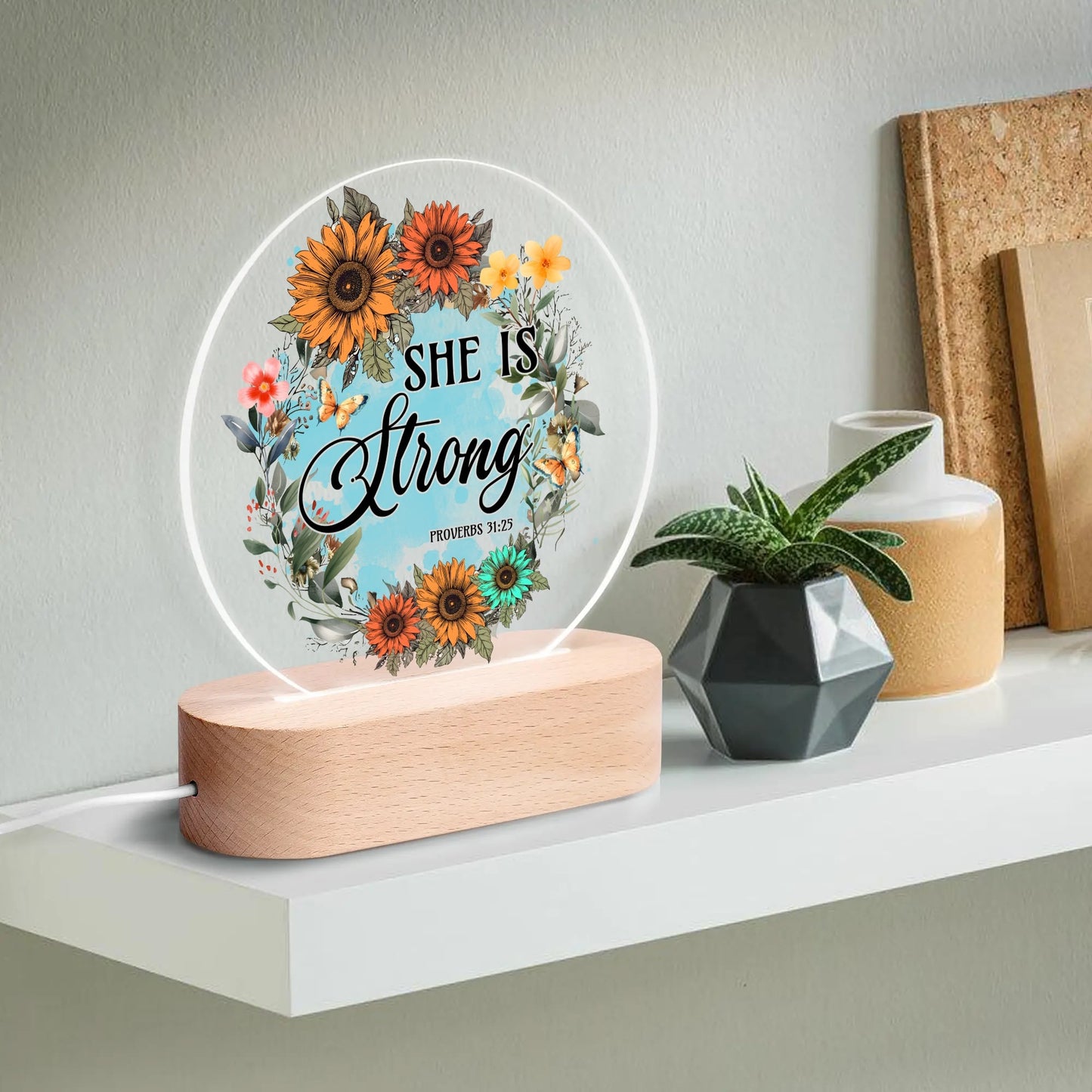 Colourful Christian - Round LED Acrylic Night Light with Wooden Base