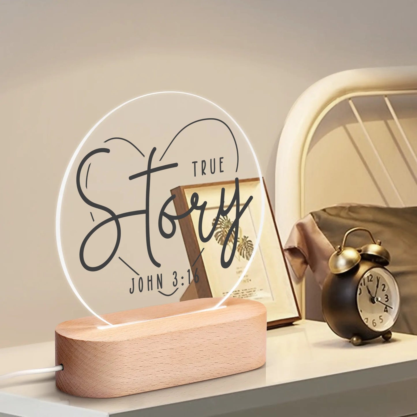 Christian Inspiration Words - Round LED Acrylic Night Light with Wooden Base